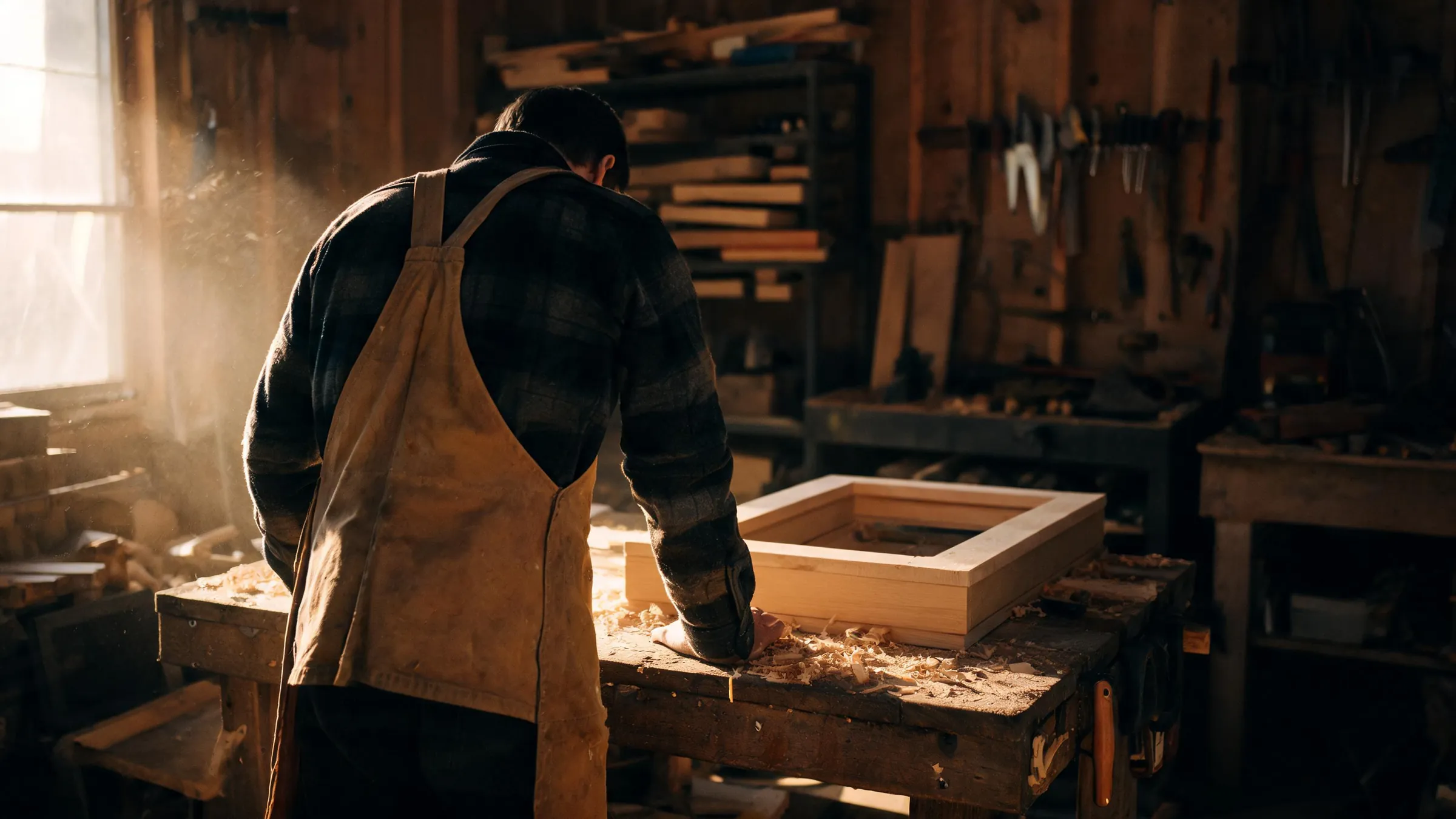 Tischler bei der Arbeit an einem Holzrahmen in seiner Werkstatt
