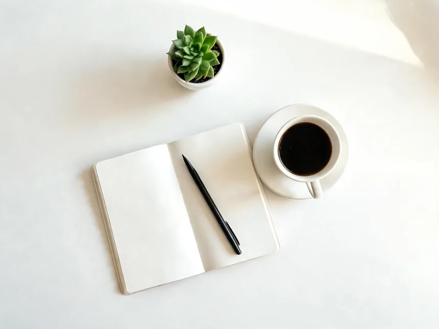 Schreibtisch mit Kaffee und Notizbuch
