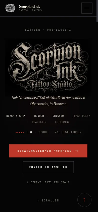 Startseite von Scorpion Ink am Smartphone
