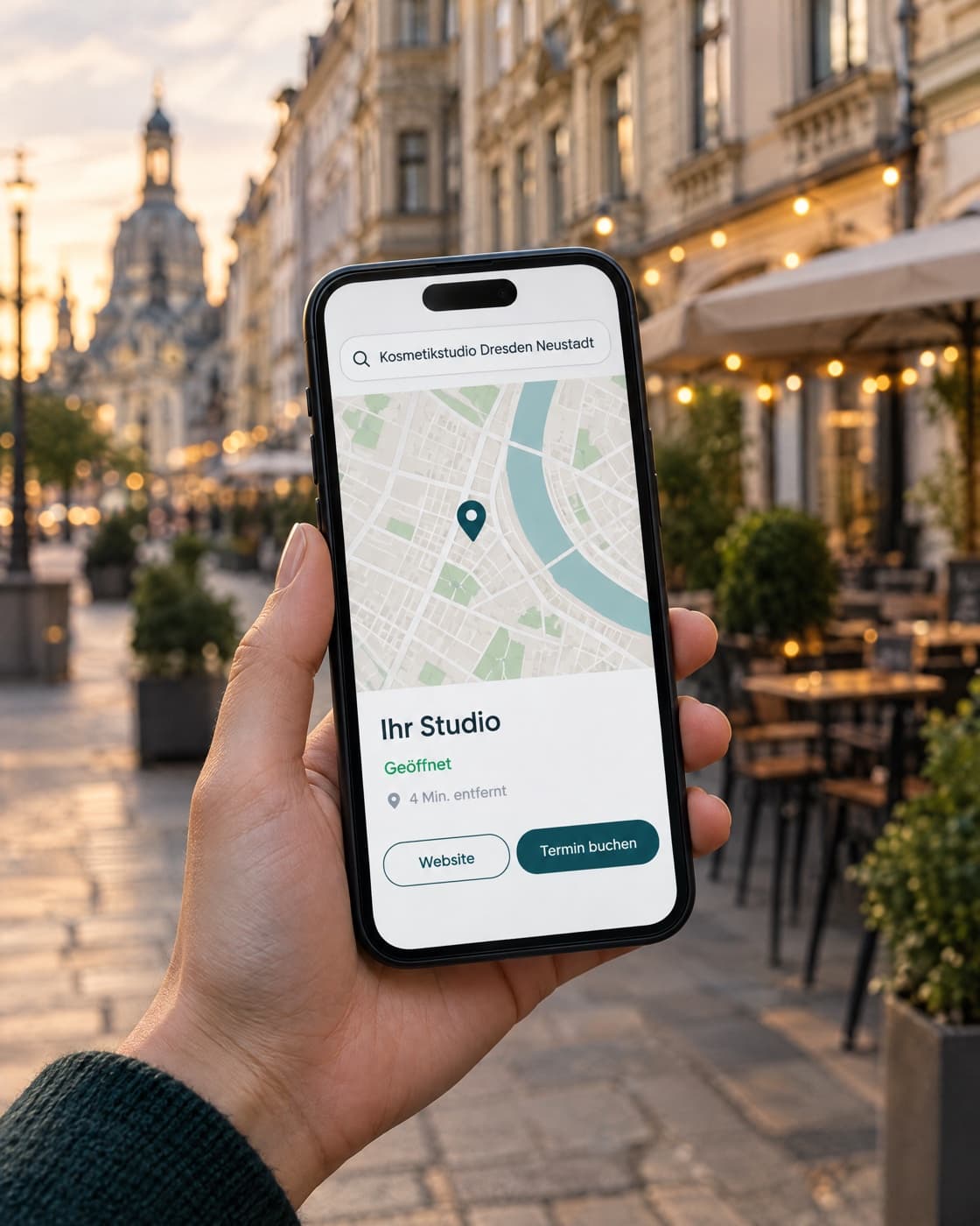 Eine Hand hält ein Smartphone vor der Dresdner Frauenkirche. Die Karten-App zeigt bei der Suche nach einem Kosmetikstudio in der Neustadt „Ihr Studio“ mit dem Knopf „Termin buchen“.