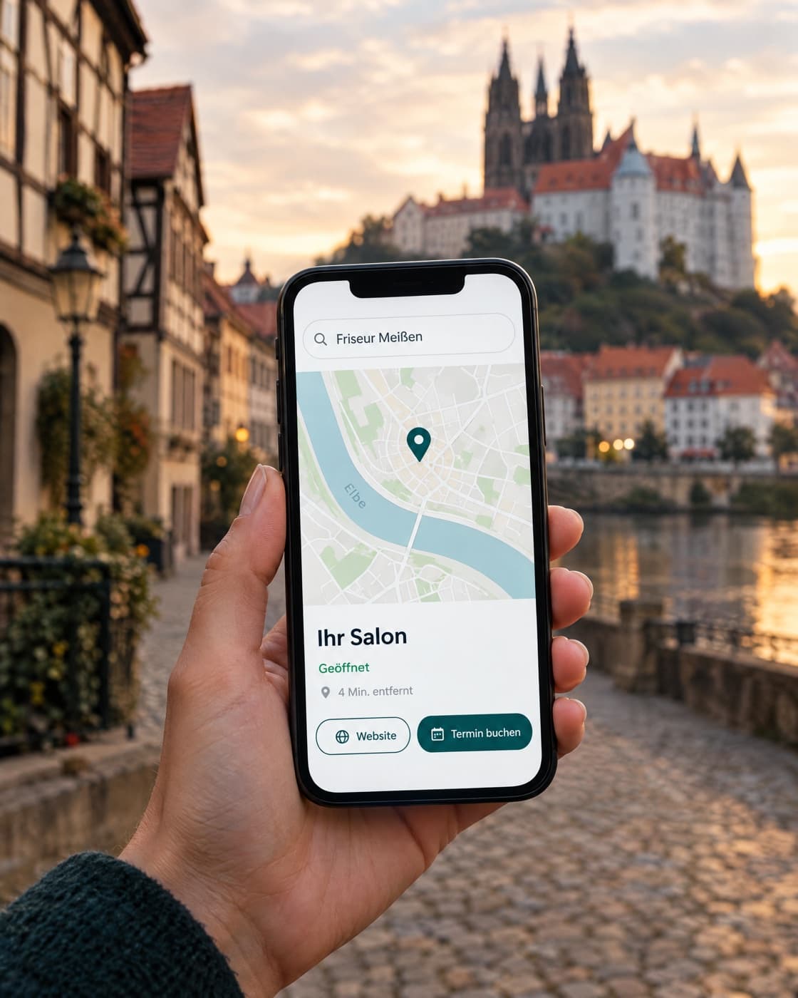 Eine Hand hält ein Smartphone an der Elbe in Meißen, dahinter die Albrechtsburg. Die Karten-App zeigt bei der Suche nach einem Friseur „Ihr Salon“ mit dem Knopf „Termin buchen“.