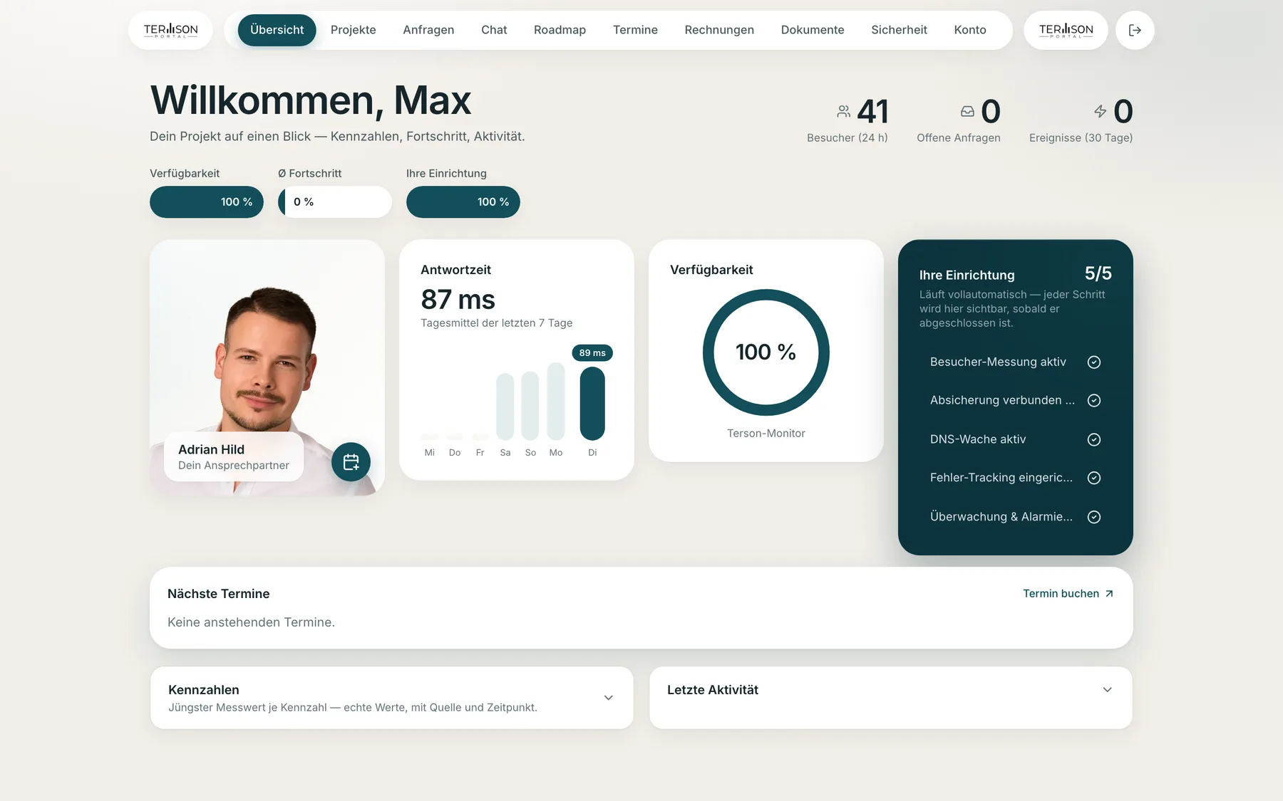 Terson-Portal — Projekt-Cockpit mit Kennzahlen und Ansprechpartner